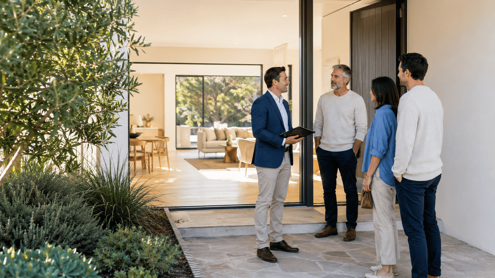 Australian home buyers speaking with a real estate agent at an open inspection