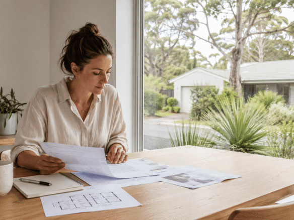 Home buyer reviewing property documents and market information