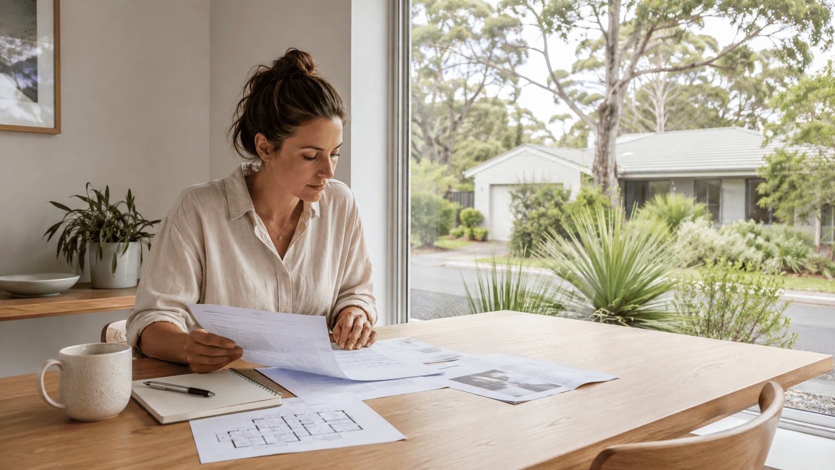 Home buyer reviewing property documents and market information